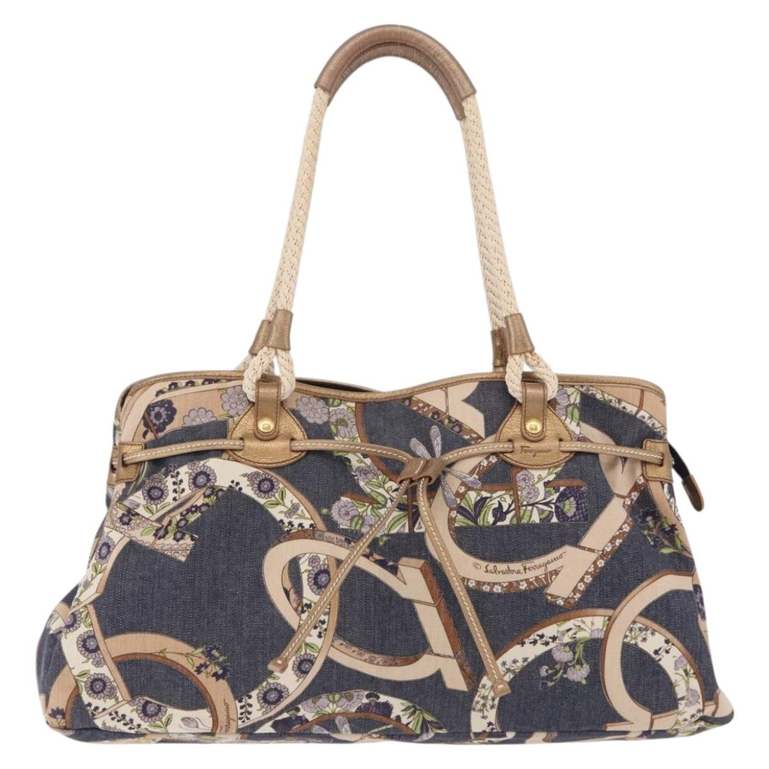 Salvatore Ferragamo Denim Gancini purse Tote Bag Navy Gold Tone Auth BA14886A