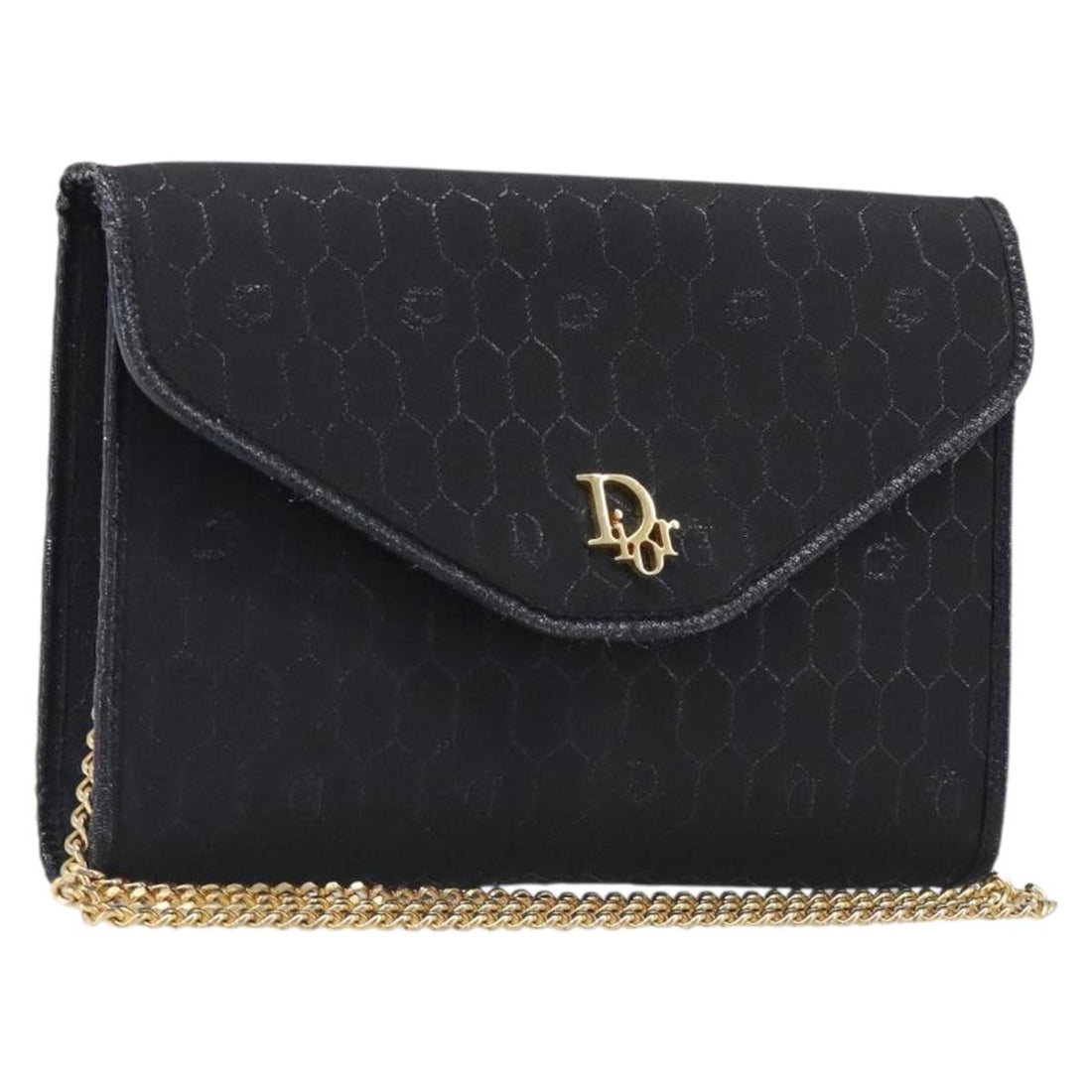Christian Dior Honeycomb Canvas Chain Shoulder Bag Black Gold Tone