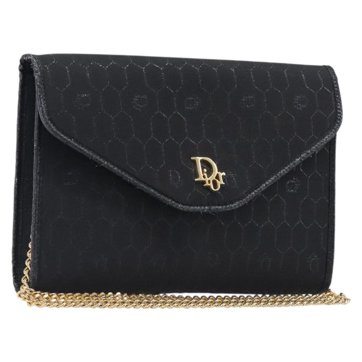 Christian Dior Honeycomb Canvas Chain Shoulder Bag Black Gold Tone