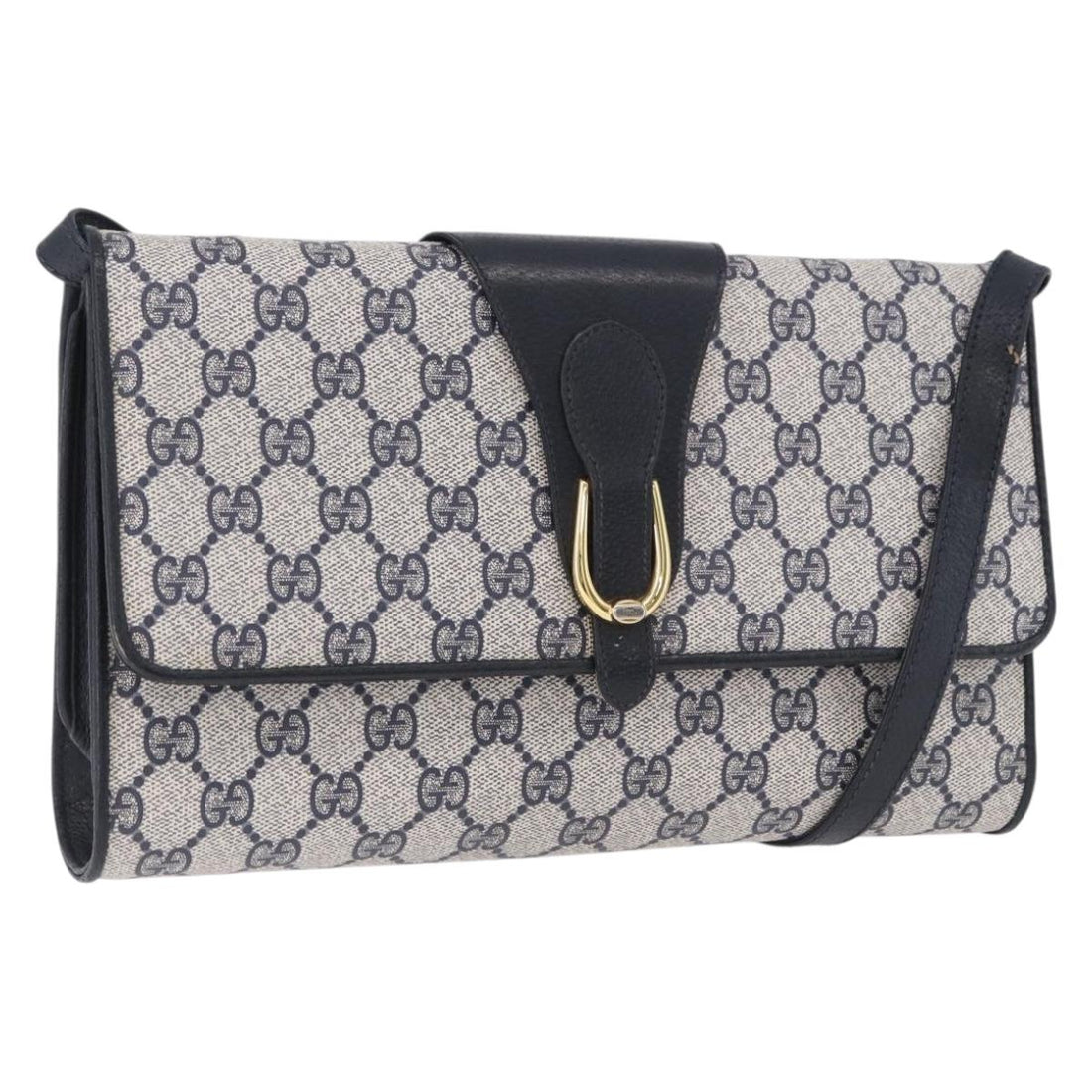 GUCCI GG Supreme Shoulder Bag PVC Leather Navy Gold Tone 904 02 050 Auth 198361