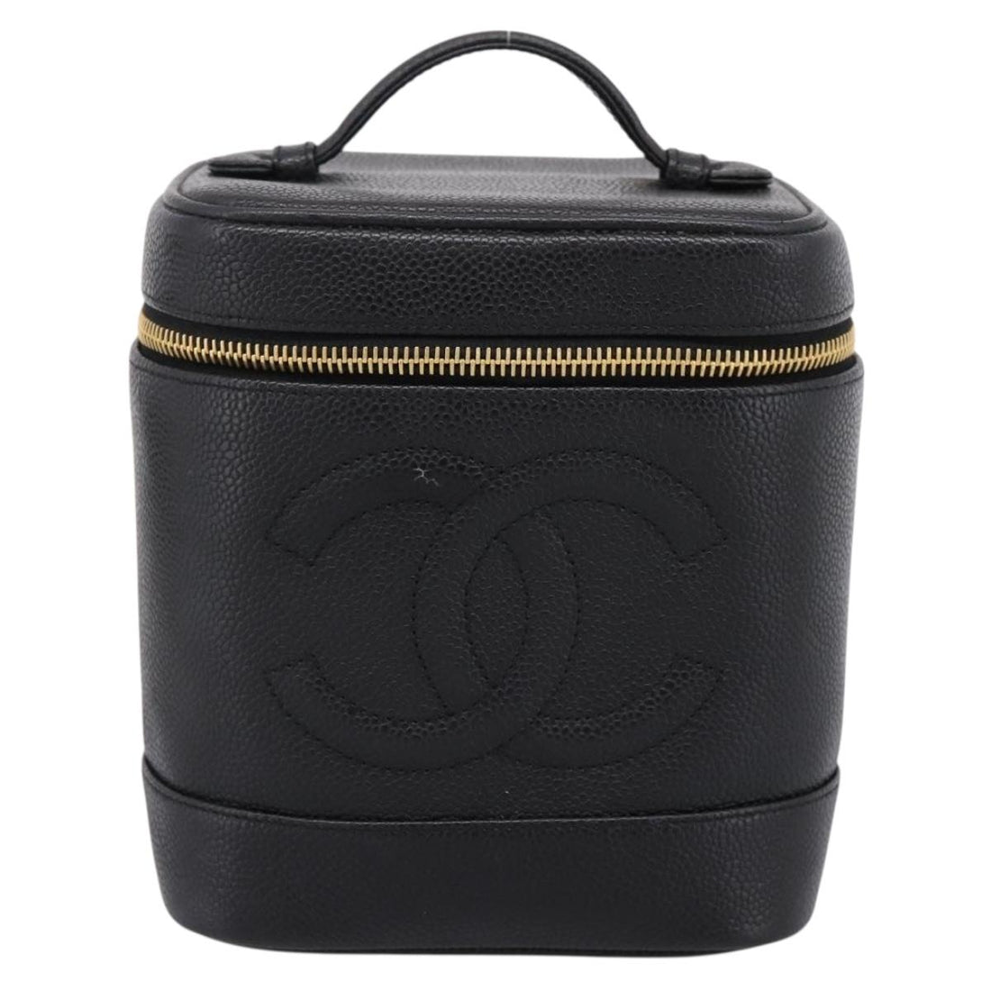 CHANEL COCO Mark Vanity Hand Bag Caviar Skin Black Gold CC Auth 198746V