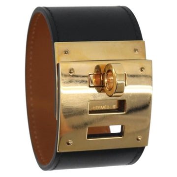 HERMES Kelly Dog Bracelet Leather Black Gold Auth 196673V