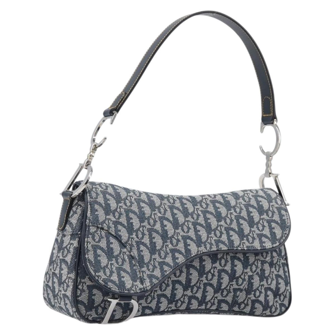 Christian Dior Trotter Canvas Saddle Shoulder Bag Navy Silver