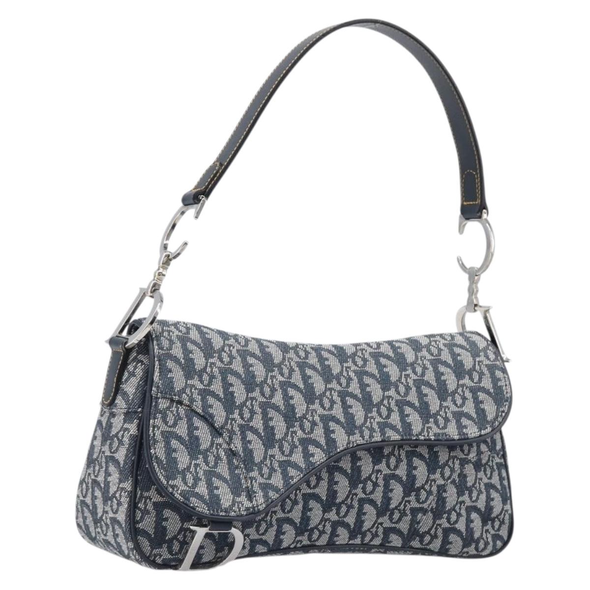 Christian Dior Trotter Canvas Saddle Shoulder Bag Navy Silver