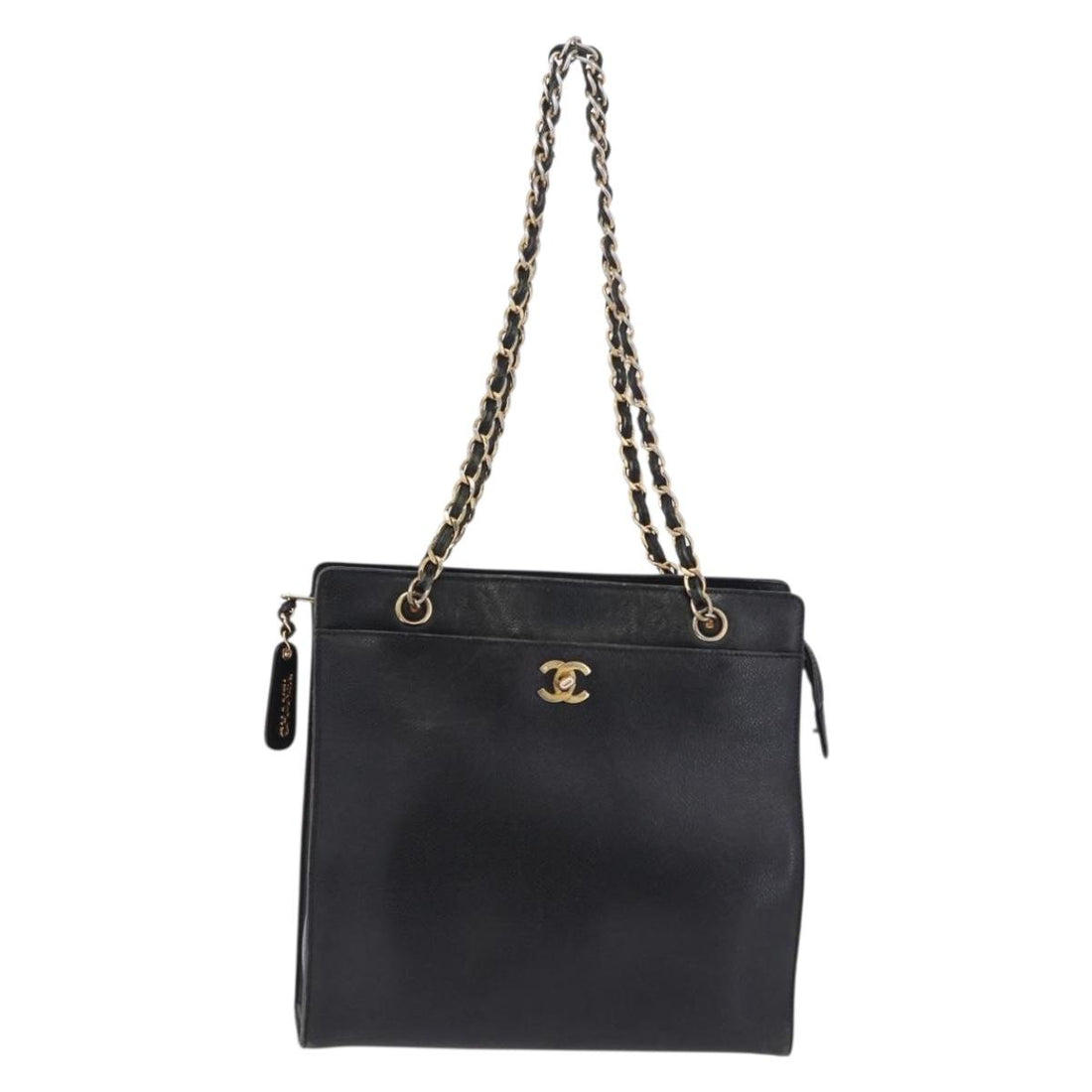 CHANEL Chain Tote Bag Caviar Skin Black Gold CC Auth BA15172
