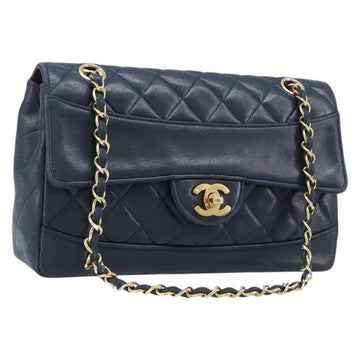 Chanel Matelasse Chain Shoulder Bag Lamb Skin Navy Gold CC
