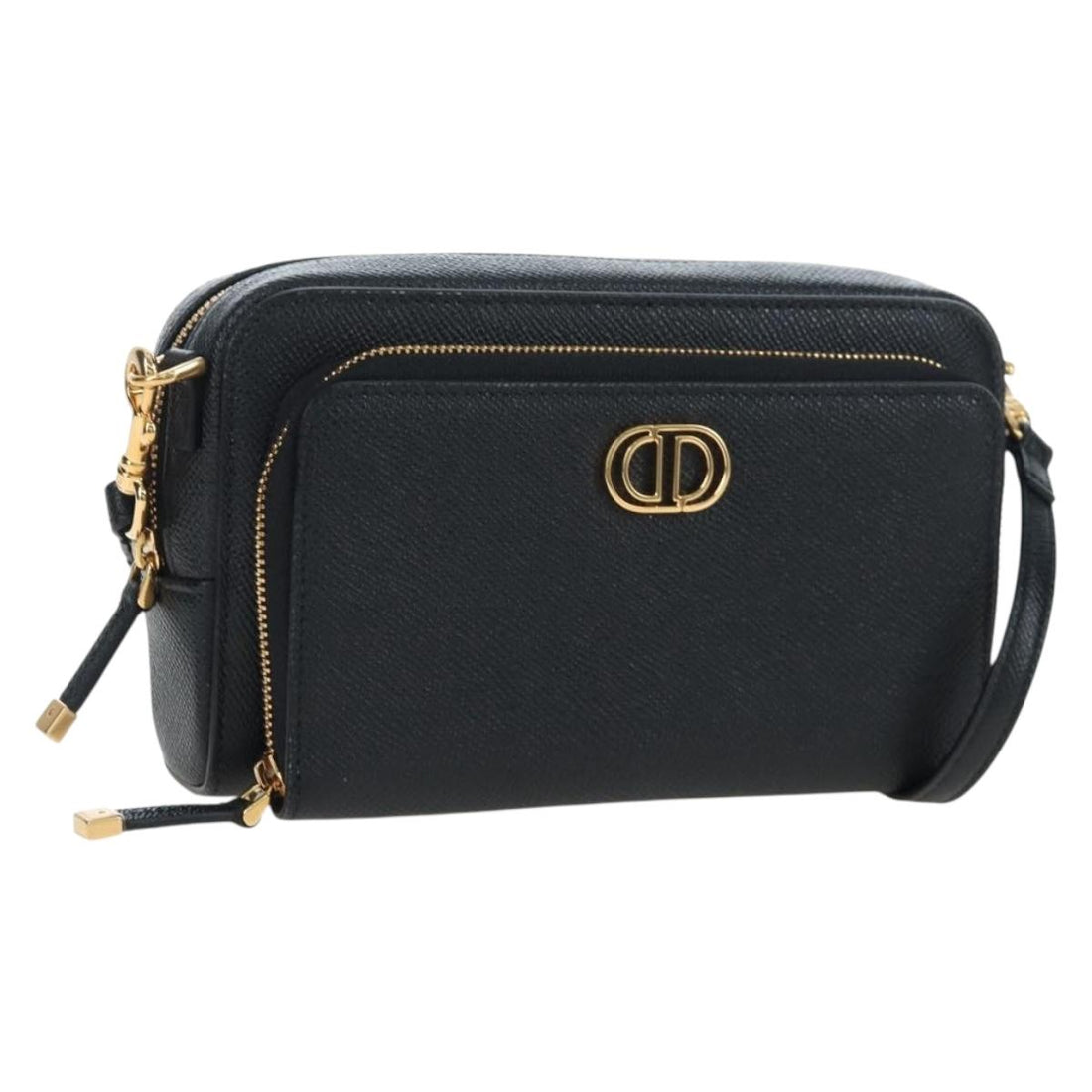 Christian Dior Karo Double Pouch Shoulder Bag Leather Black Gold