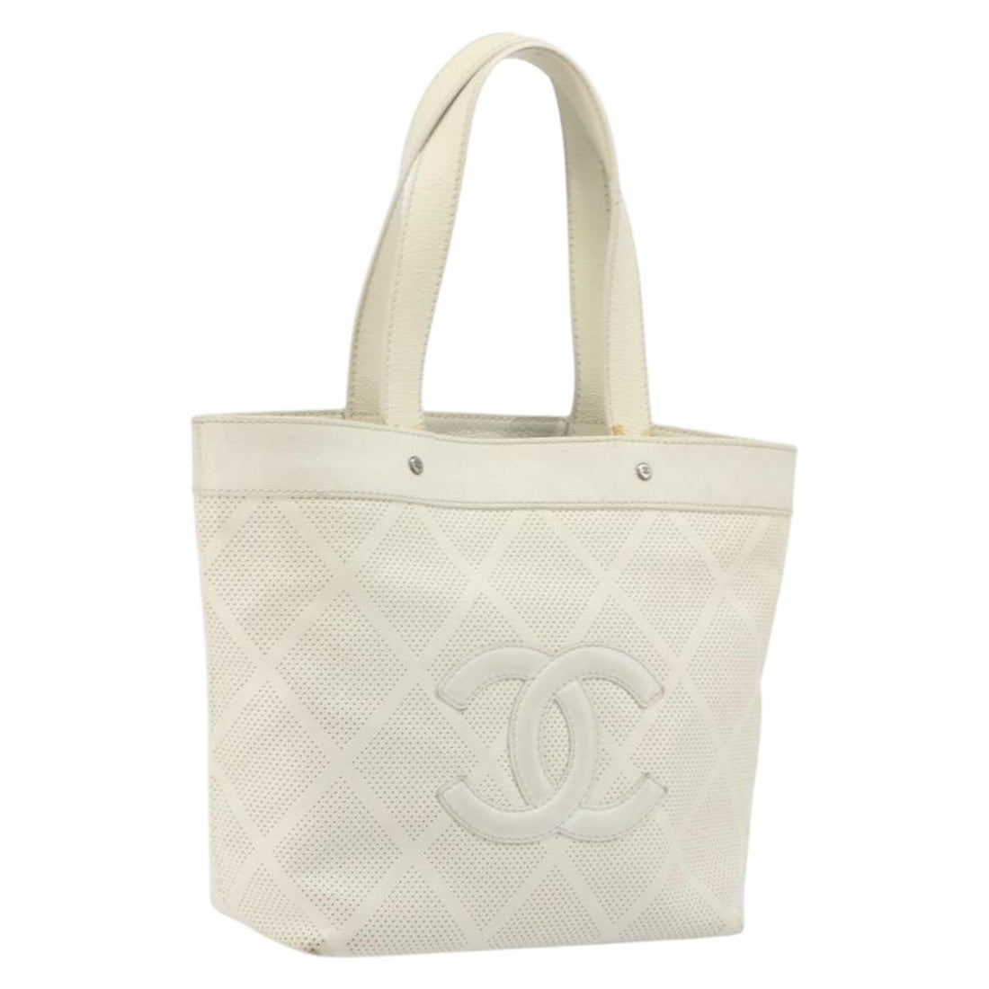 CHANEL Tote Bag Punching Leather White Silver CC Auth 198721A