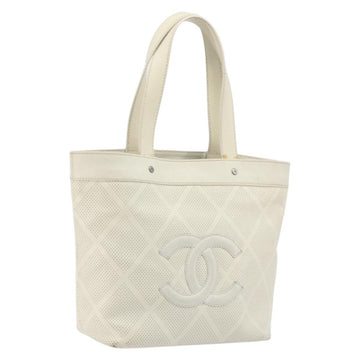 CHANEL Tote Bag Punching Leather White Silver CC Auth 198721A
