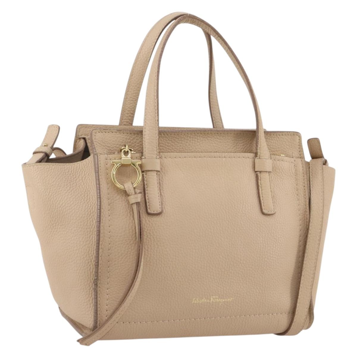 Salvatore Ferragamo Gancini Handbag Leather 2way Beige Gold