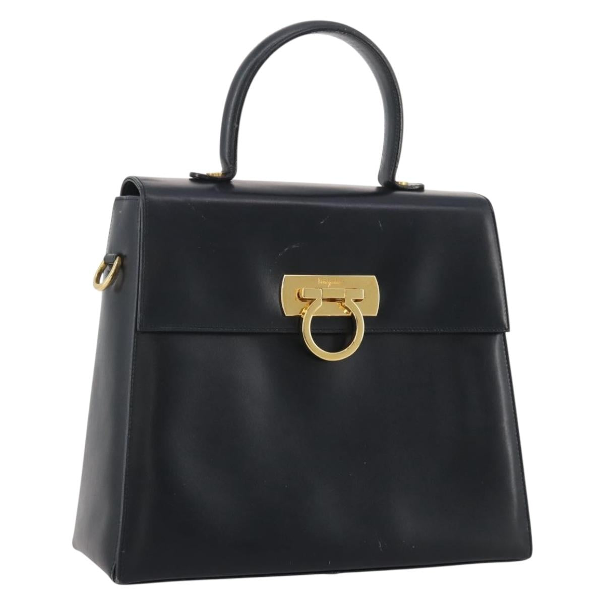 Salvatore Ferragamo Gancini Handbag Leather Navy Gold