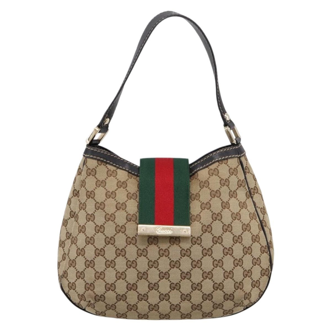 GUCCI GG Canvas Web Sherry Line Shoulder Bag Beige Gold 233608 Auth 197333V