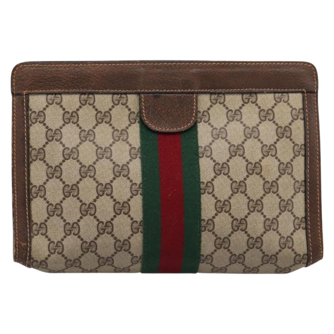 GUCCI PARFUMES GG Supreme Web Sherry Line Clutch Bag PVC Beige Auth ep15815