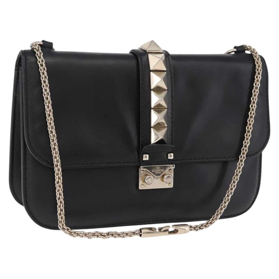 VALENTINO Studs Chain Shoulder Bag Leather Black Gold Tone Auth BA14768A
