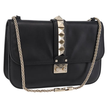 VALENTINO Studs Chain Shoulder Bag Leather Black Gold Tone Auth BA14768A