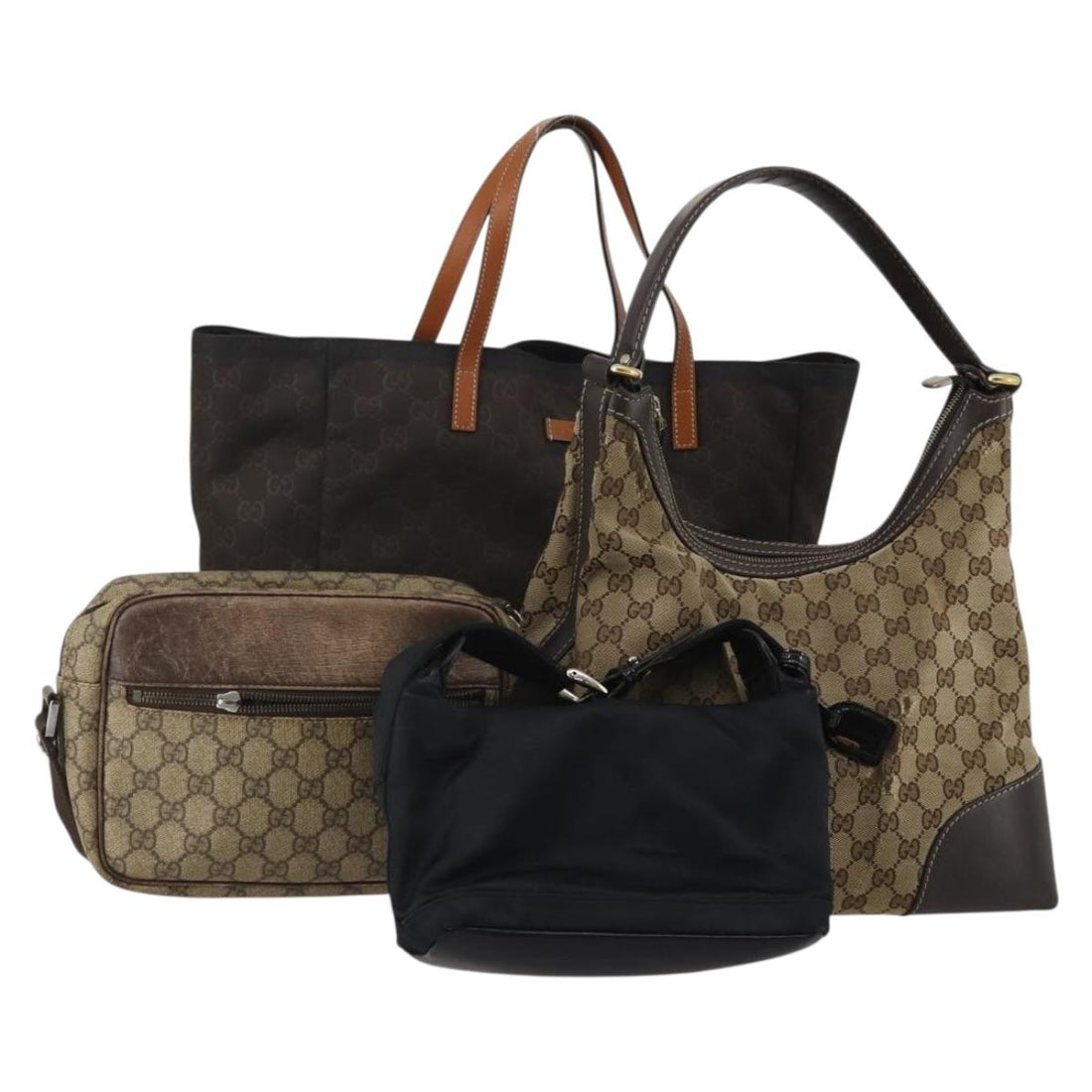 GUCCI GG Supreme Shoulder Bag PVC Nylon 4 Set Black Beige Auth BA13882