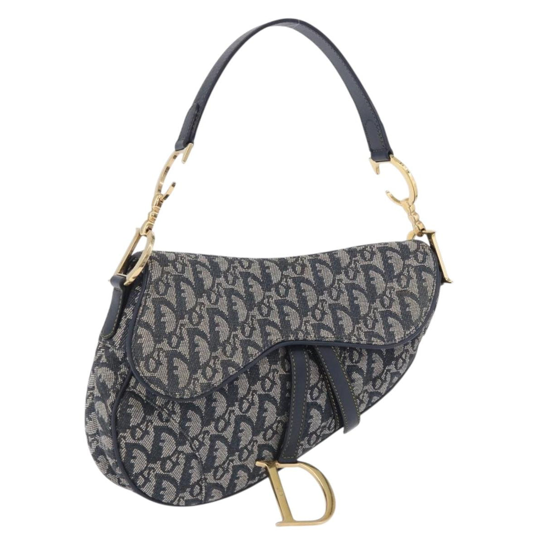 Christian Dior Trotter Canvas Saddle Shoulder Bag Navy Gold Tone