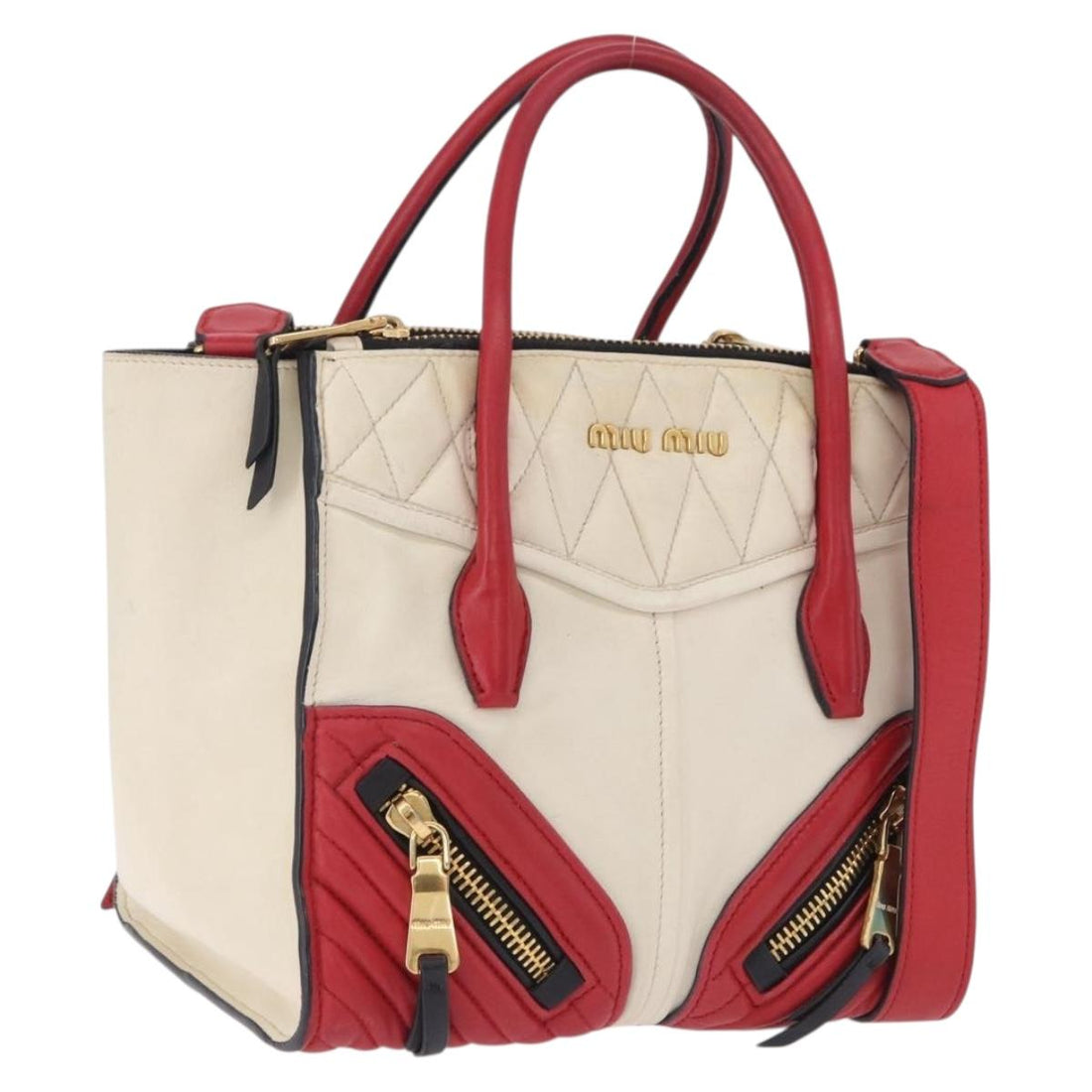 Miu Miu Biker Matelasse Handbag Leather 2way Ivory Red