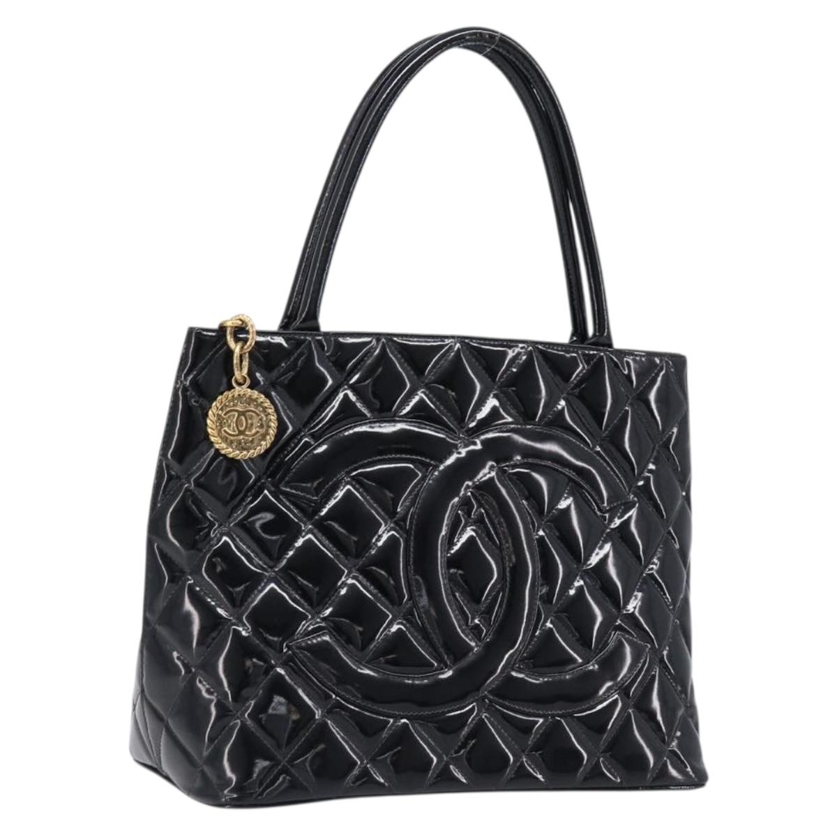 Chanel COCO Mark Standard Tote Bag Patent Leather Black Gold CC