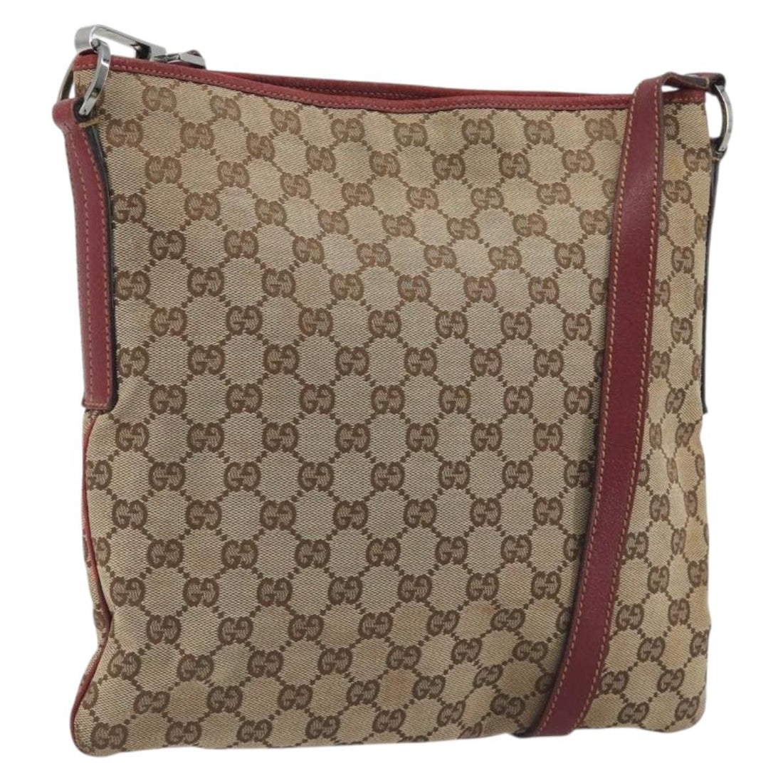 GUCCI GG Canvas Shoulder Bag Beige Silver 113013 Auth 197182