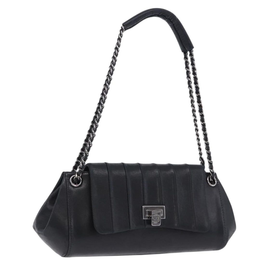 CHANEL Chain Matelasse Shoulder Bag Lamb Skin Black Silver CC Auth 198287V
