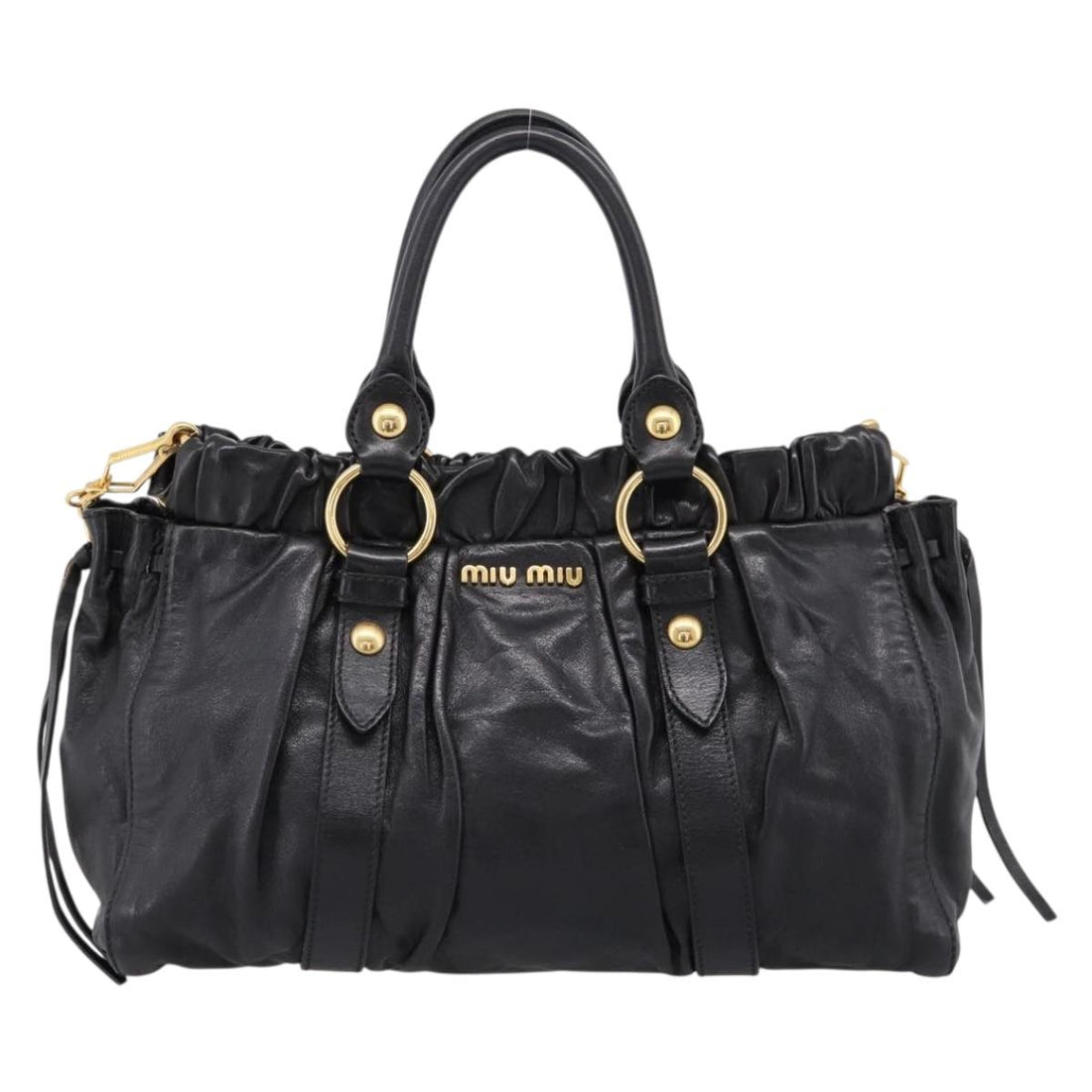 Miu Miu Vitellolux Hand Bag Leather 2way Black Gold Tone Auth 198490V
