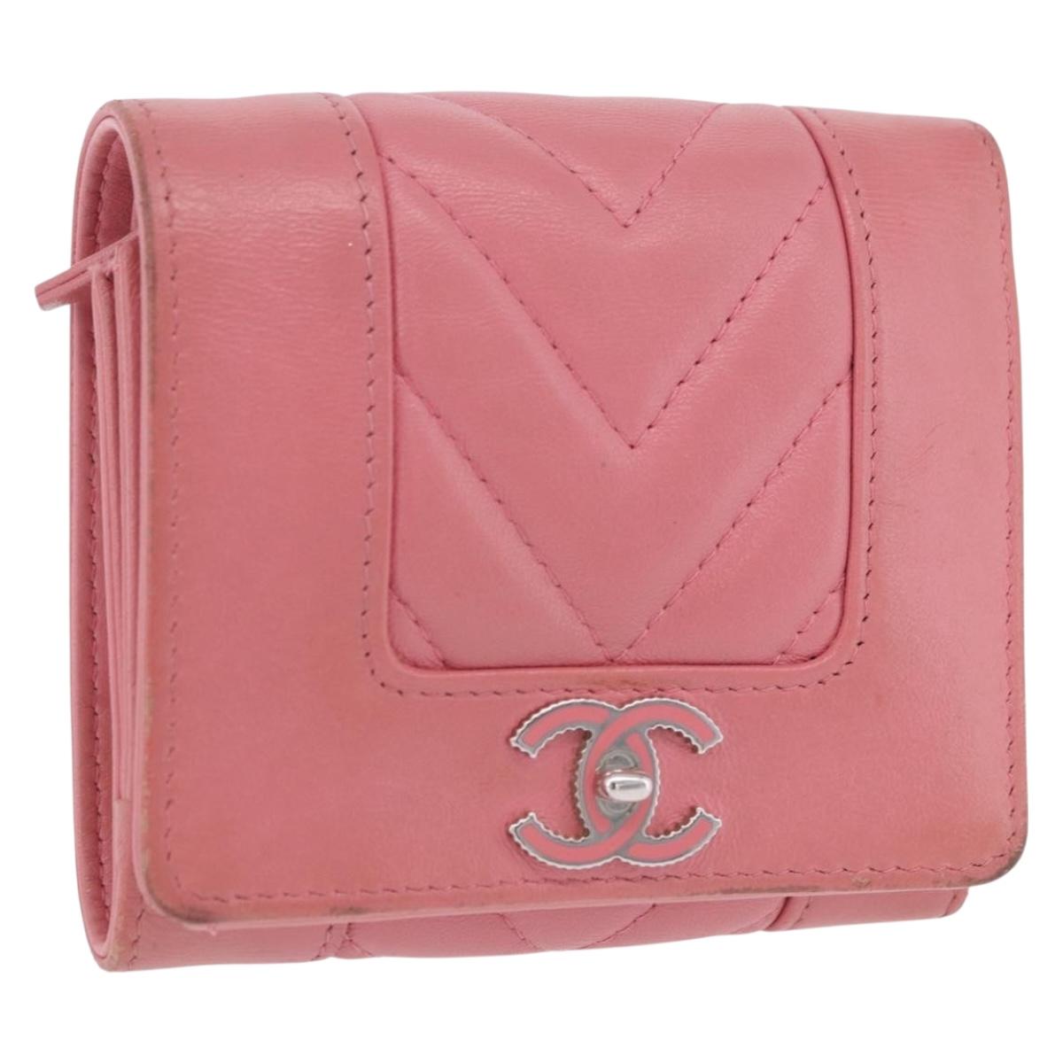Chanel V Stitch COCO Mark Bifold Wallet Lamb Skin Pink Silver CC