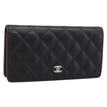 CHANEL Matelasse Long Wallet Lamb Skin Black CC Auth am12350M