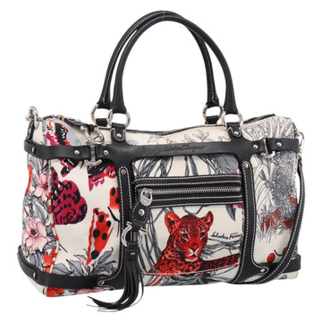 Salvatore Ferragamo Hand Bag Canvas 2way White Silver Auth 198313A
