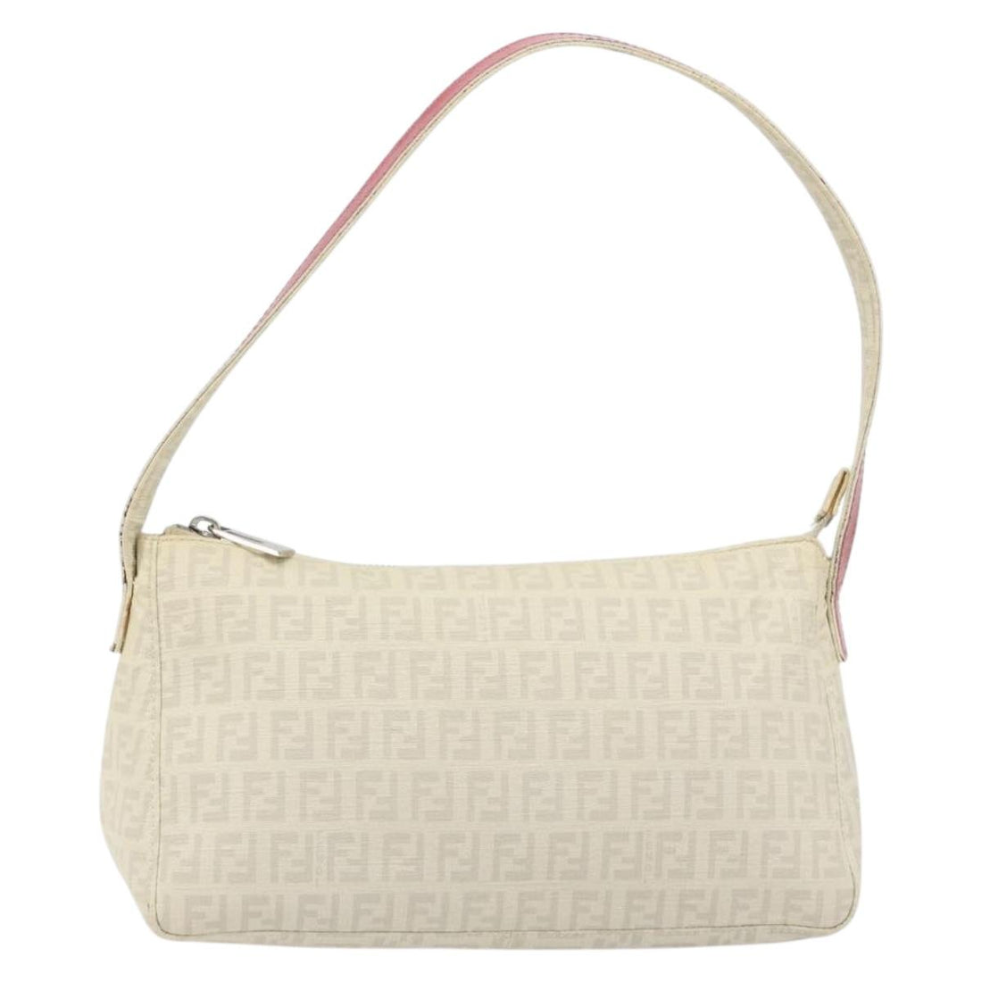 FENDI Zucchino Canvas Shoulder Bag PVC White Silver Auth mr2831