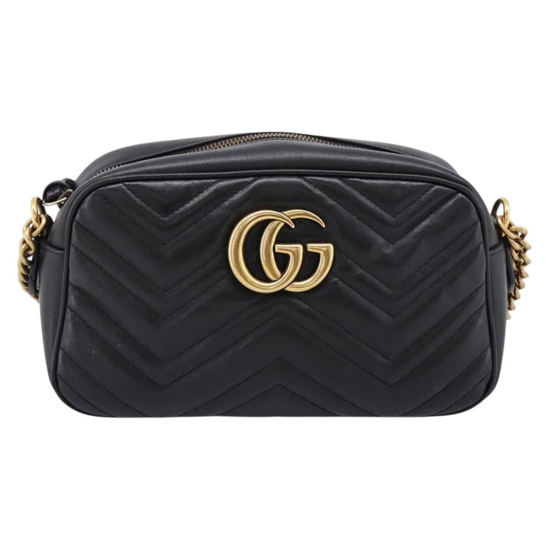 GUCCI GG Marmont Chain Shoulder Bag Leather Black Gold Tone 447632 Auth am12299V