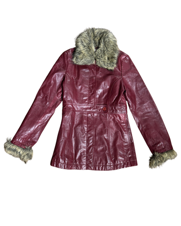 Burgundy Leather jacket with Fur Cuffs & Collar