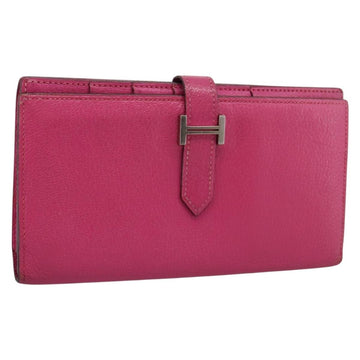 HERMES Beansufla Wallet Leather Pink Silver Auth 198769A