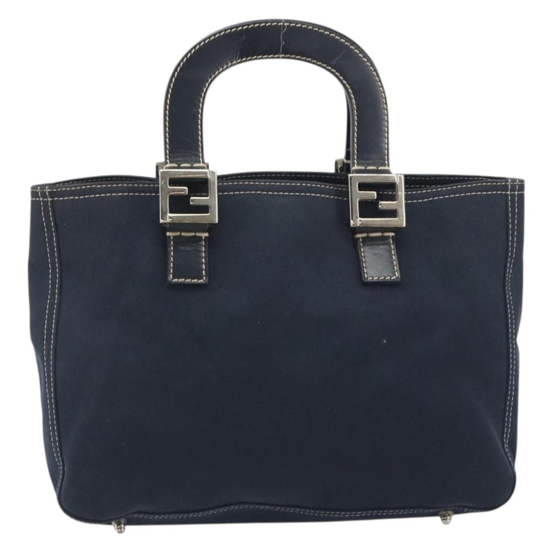FENDI Hand Bag Canvas Navy Silver Auth 198689A