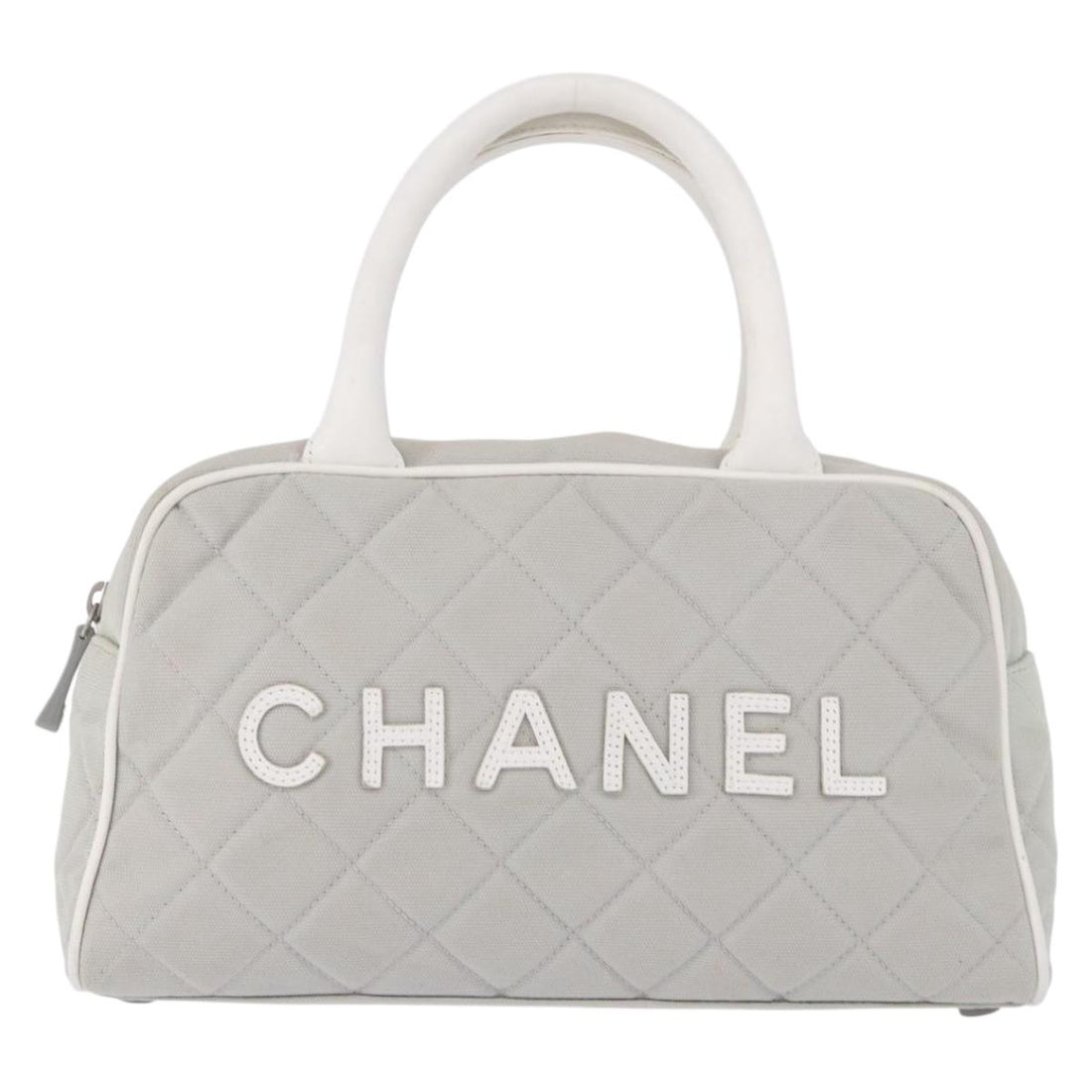 CHANEL Sports Hand Bag Canvas Gray Silver CC Auth BA14884A