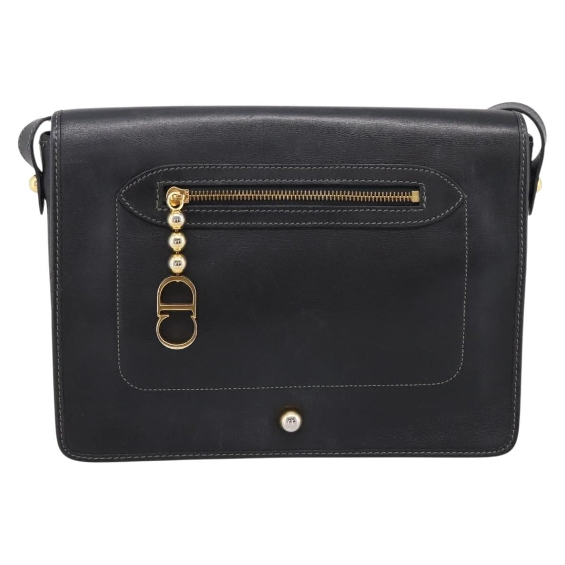 Christian Dior Shoulder Bag Leather Black Gold Tone Auth 196415
