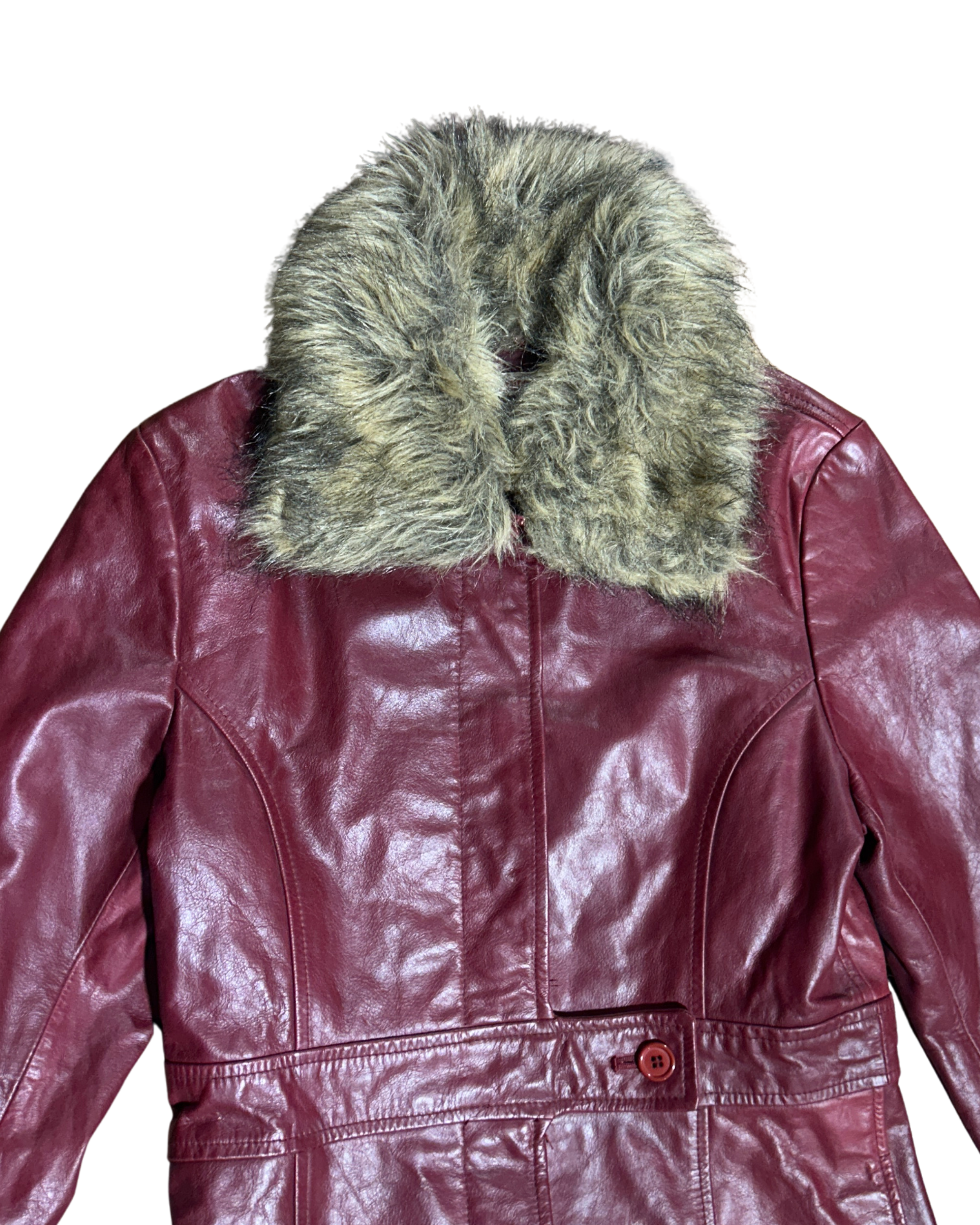 Burgundy Leather jacket with Fur Cuffs & Collar