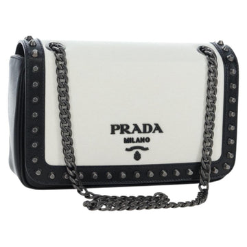 PRADA Chain Shoulder Bag Leather White Silver Auth 195508V