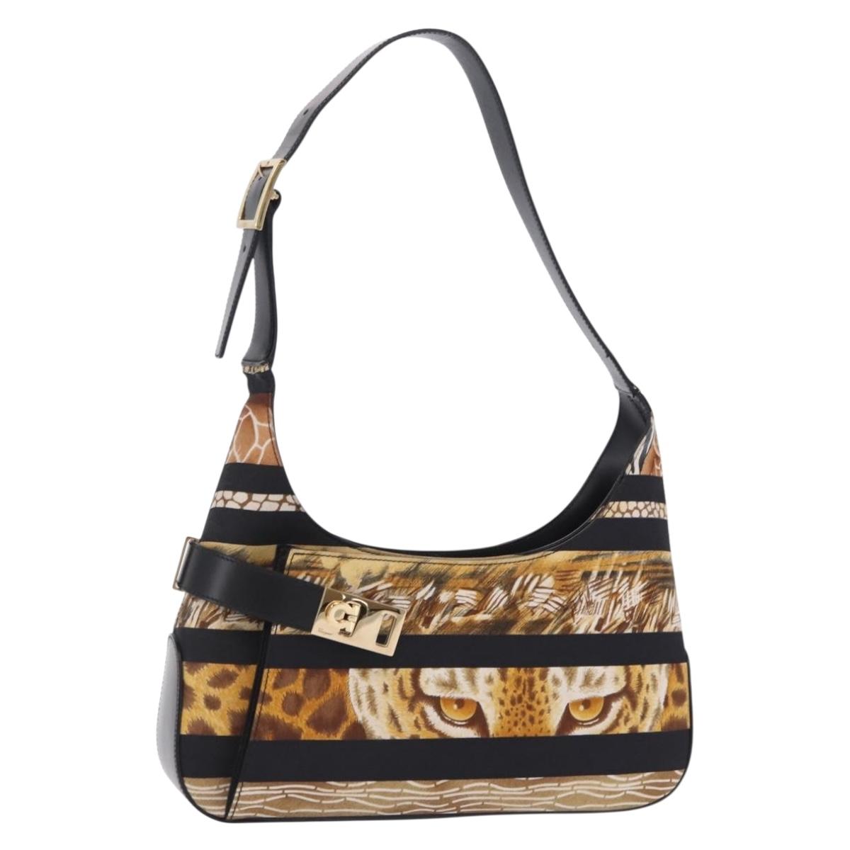 Salvatore Ferragamo Leopard Handbag Nylon Leather Beige Gold