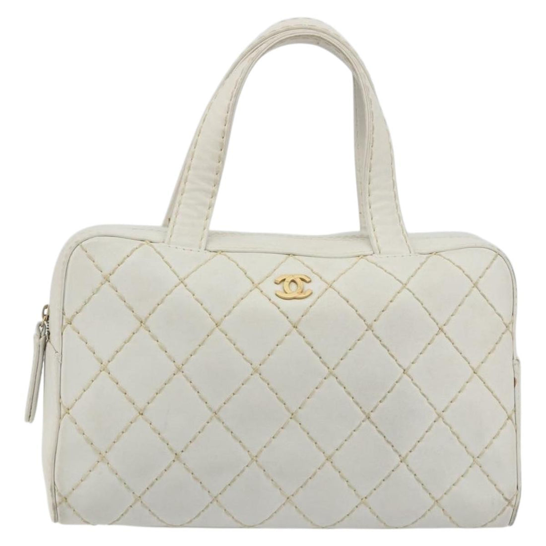 CHANEL Wild stitch Hand Bag Leather White Gold Tone CC Auth BA14785A