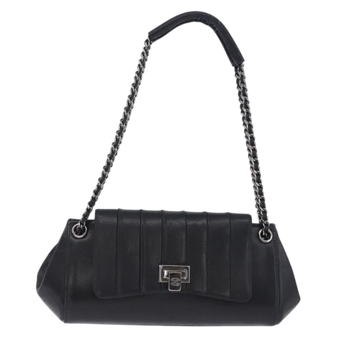 CHANEL Chain Matelasse Shoulder Bag Lamb Skin Black Silver CC Auth 198287V