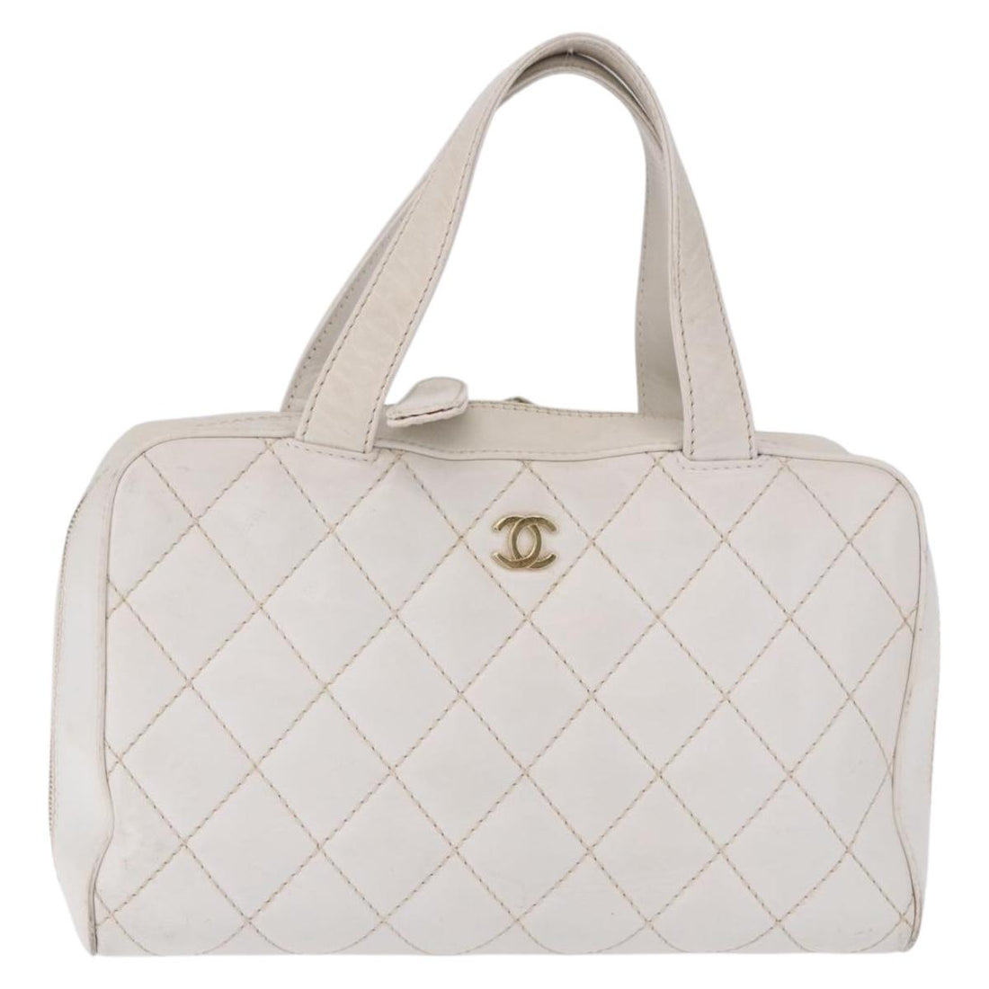 CHANEL Wild Stitch Hand Bag Leather White Gold Tone CC Auth 198377A