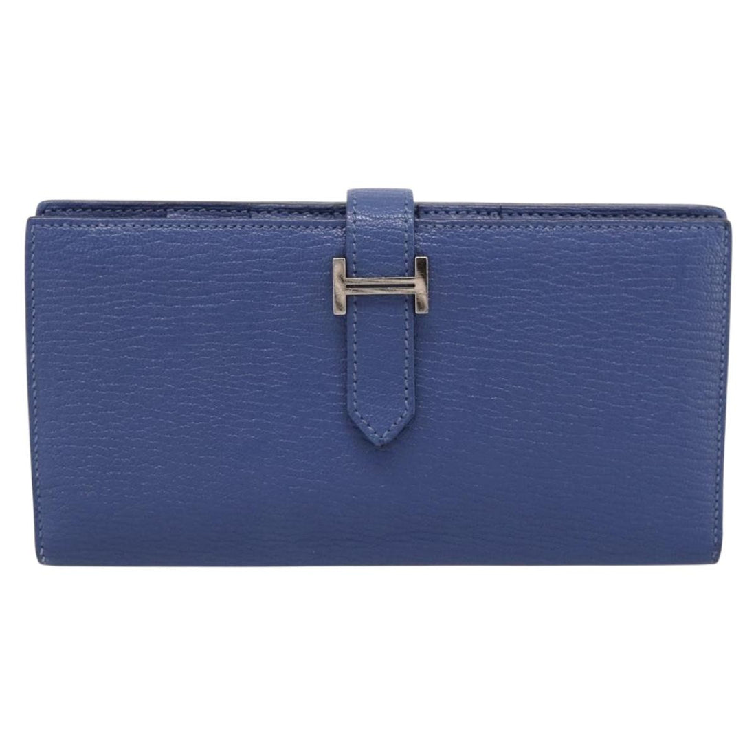 HERMES Bearn Soufflet Wallet Leather Blue Silver Auth 198789V