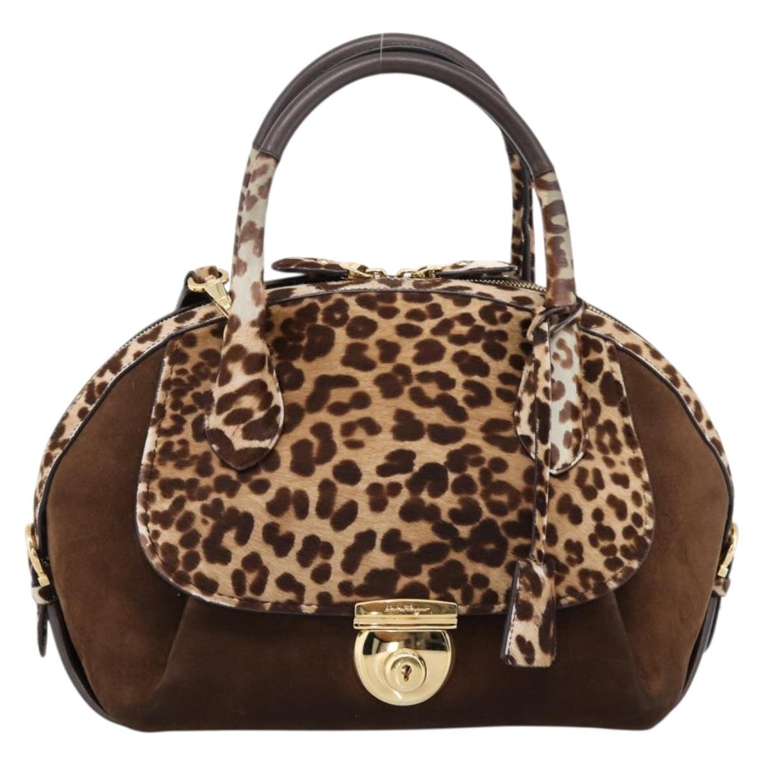 Salvatore Ferragamo Gancini Hand Bag Harako leather 2way Brown Gold Auth 197007A