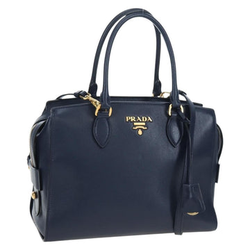 PRADA Vitterodino Hand Bag Leather 2way Navy Gold Tone Auth BA14804V