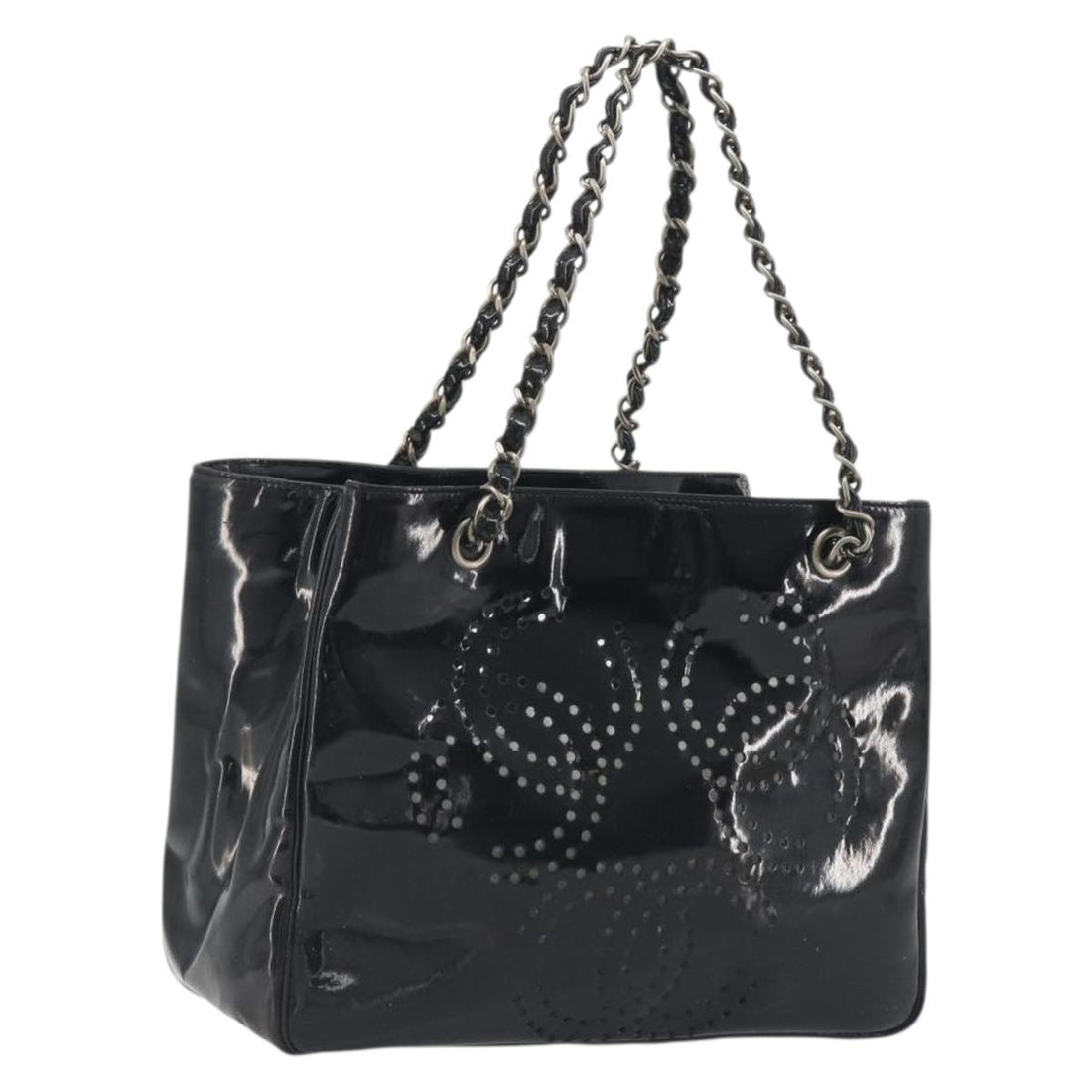CHANEL Chain Tote Bag Patent Black Silver CC Auth BA14897