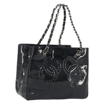 CHANEL Chain Tote Bag Patent Black Silver CC Auth BA14897