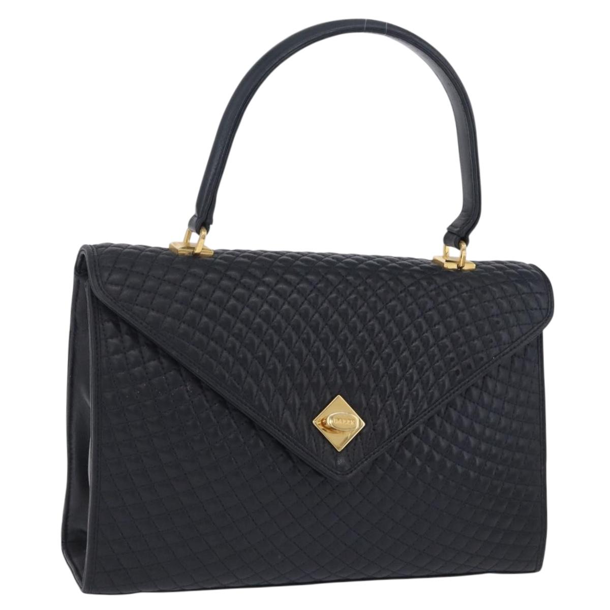 Bally Handbag Leather Navy Gold Tone