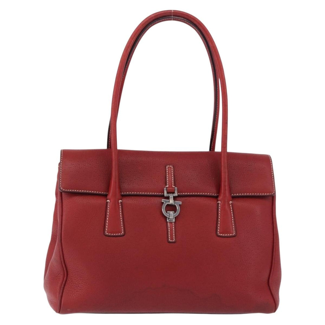 Salvatore Ferragamo Gancini Hand Bag Leather Red Silver Auth 196333