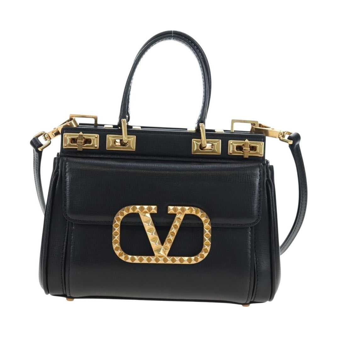 VALENTINO Rock Studs Hand Bag Leather 2way Black Gold Auth 195239M